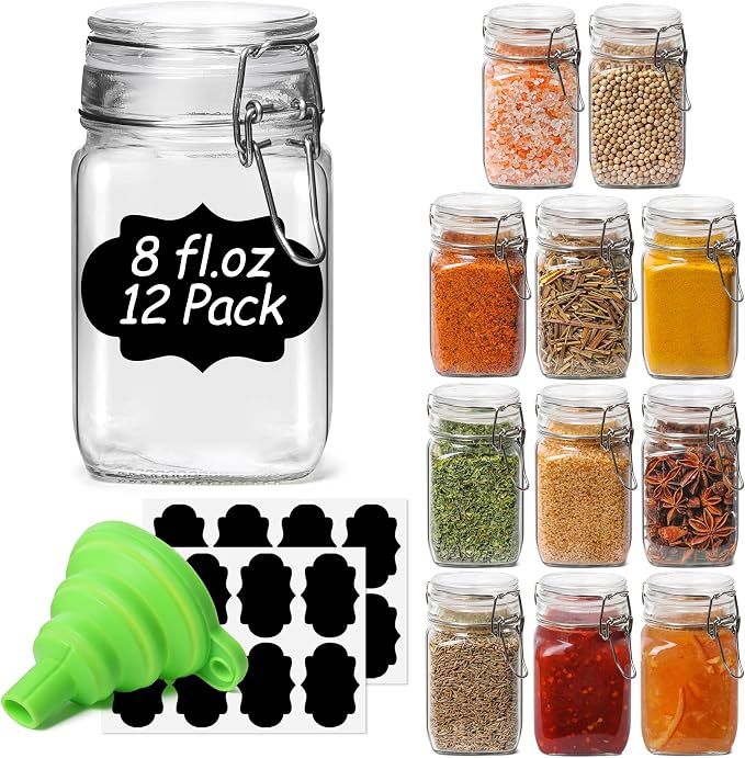 ComSaf Square Glass Spice Jars 8 oz 12 Pack with Labels and Funnel Set
