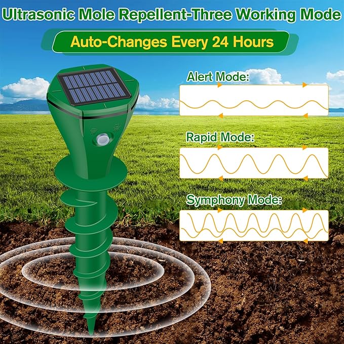 Mole Repellent Solar Powered Ultrasonic,Deer Repellent Devices,Gopher Trap Groundhog Repeller,Sonic Spikes Get Rid of All Pests Vole, Chipmunk,Cat,Skunk,Snake,Mole Trap for Lawn, Garden Yard (4P)