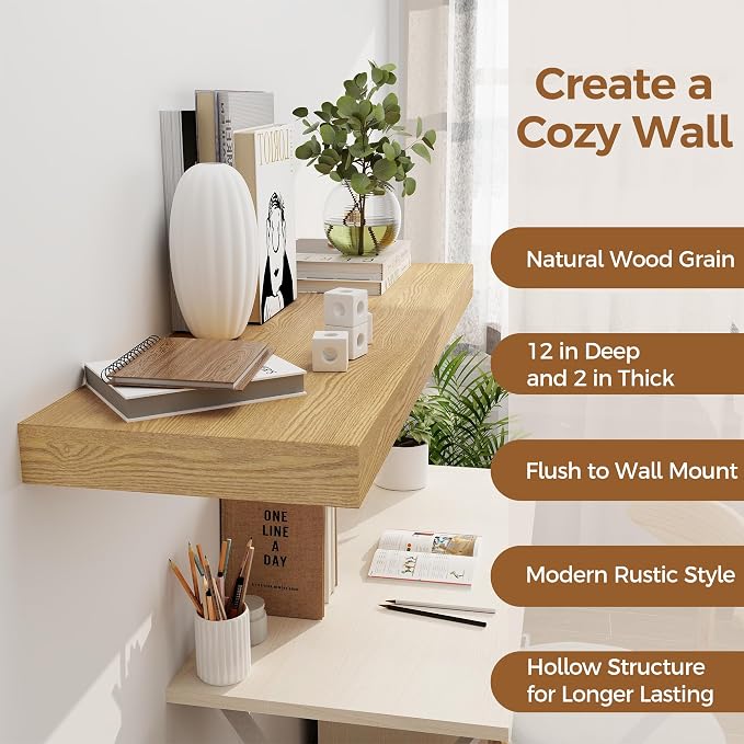 Floating Shelves 36 Inch Long, 12 Inch Deep Floating Shelves for Wall, 36 x 12 Shelves for Wall Storage & Display, 2" Thick Floating Shelf for Bathroom, Living Room, Bedroom, Oak Color, Set of 1