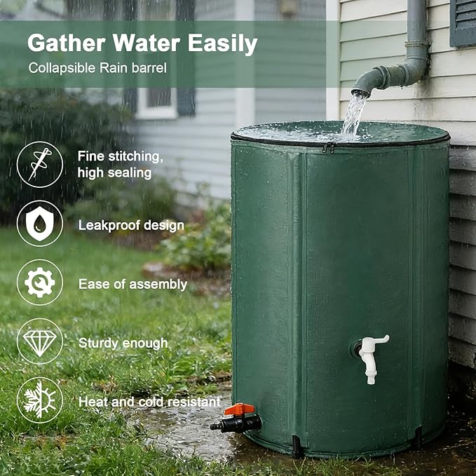 100 Gallon Collapsible Rain Barrel, Foldable Water Storage Tank, Support Rods, Drain Valve & Faucet, Portable Rainwater Collection System for Garden Irrigation and Outdoor Use