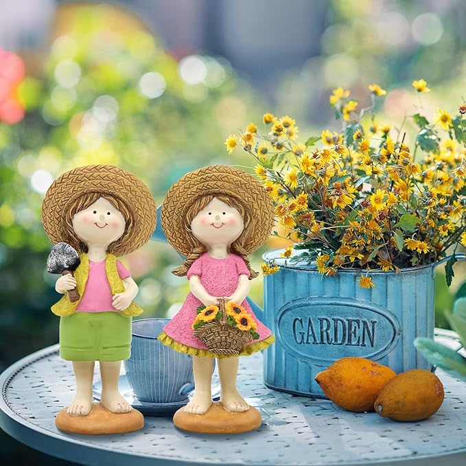 Spring Summer Garden Figurines Set of 2, Boy and Girl Outdoor Garden Statues with Sunflower Basket, Cottage Home Garden Decor for Yard Patio Lawn, for Women