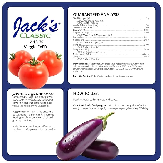 Jack's Classic 12-15-30 Veggie Feed Water-Soluble Fertilizer with Micronutrients, 1.5lbs, 2 Pack - Plant Growth and Abundant Fruit Set in Blooming Vegetable Plants