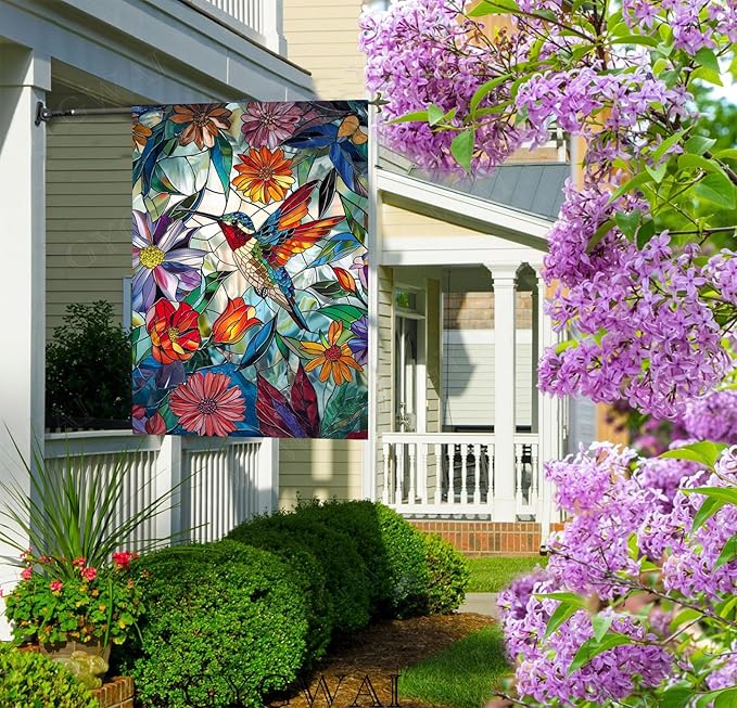 Stained Glass Spring Hummingbird House Flag 28x40 Inch Double Sided for Outside, Colorful Floral Large Burlap Yard Flag for Summer Farmhouse Holiday Outdoor Decorations