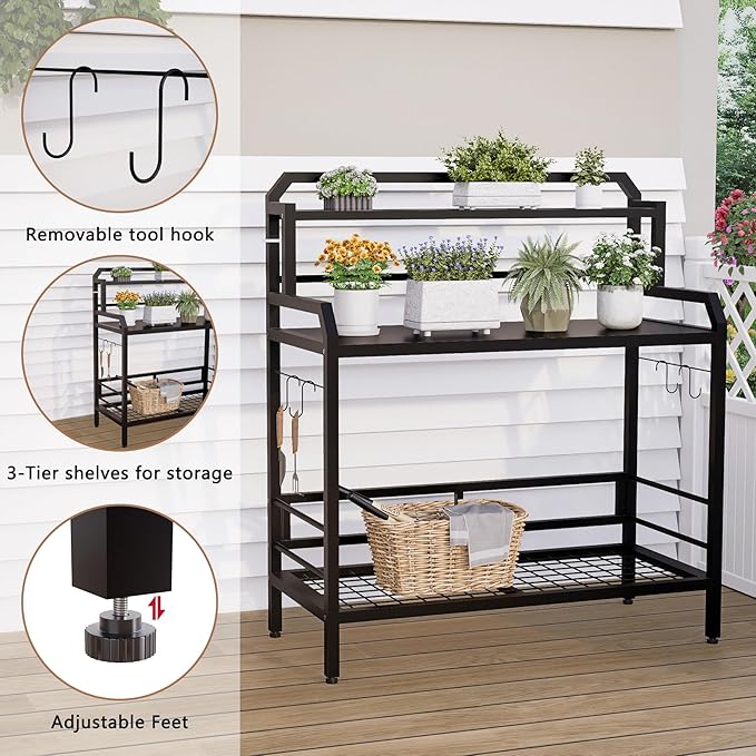 Outdoor Metal Potting Bench Table with Storage,3-Tier Heavy Duty Garden Workbench,All-Weather Gardening Table with 4 Side Hooks,18" D x 39" W x 32" - 47" H,Black