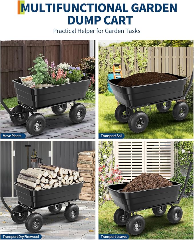 Garden Dump Cart, 1200 Lb Capacity Heavy Duty Utility Cart, Wheelbarrow with 180° Pivot Handle for Yard, Lawn & Gardening(Black)