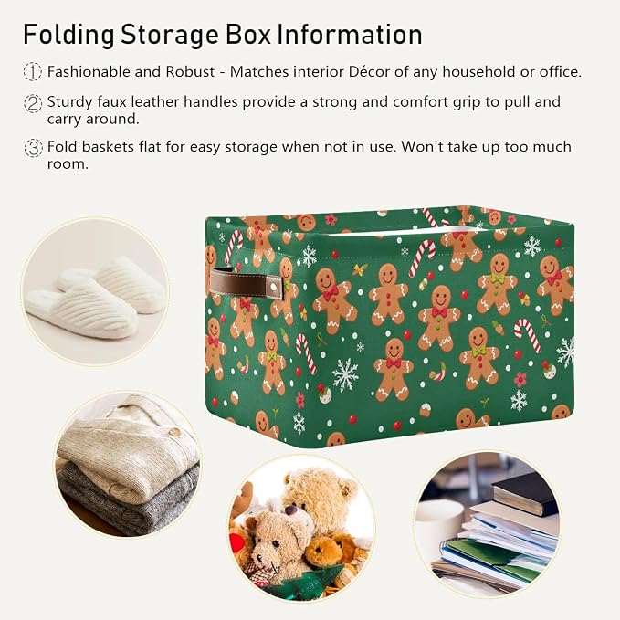 Christmas Gingerbread Man Storage Basket with Waterproof Liner and PU Handles Green Winter Cane Candy Snowflake Storage Boxes 14.2" Collapsible Decorative Organizer Baskets for Bedroom Closet 2 Pack
