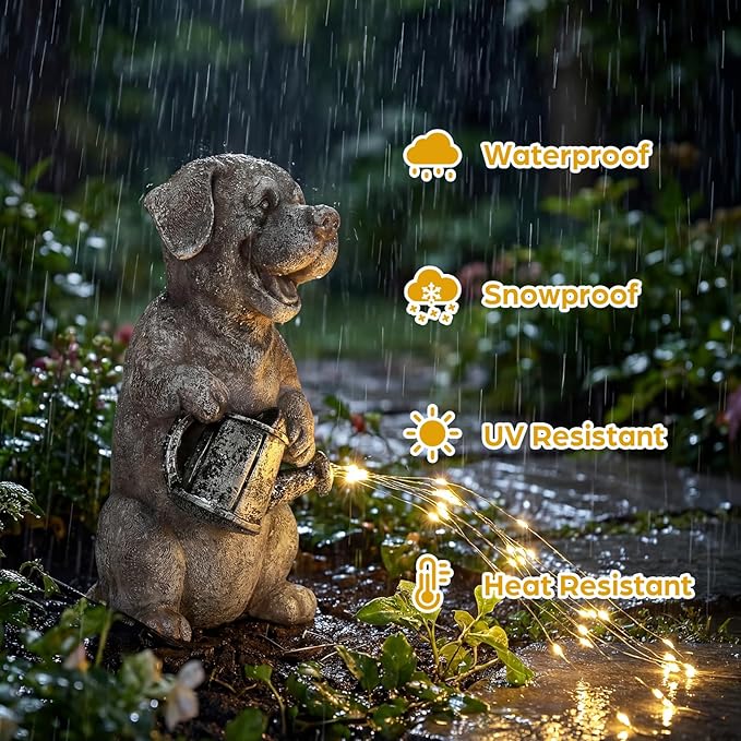 Lavezee Dog Statues Outdoor with String Lights for Garden Decor, Puppy Dog Statue for Patio Lawn Porch Walkway Yard Decoration, Ideal Gifts for Dog Lovers Women Mom Grandma