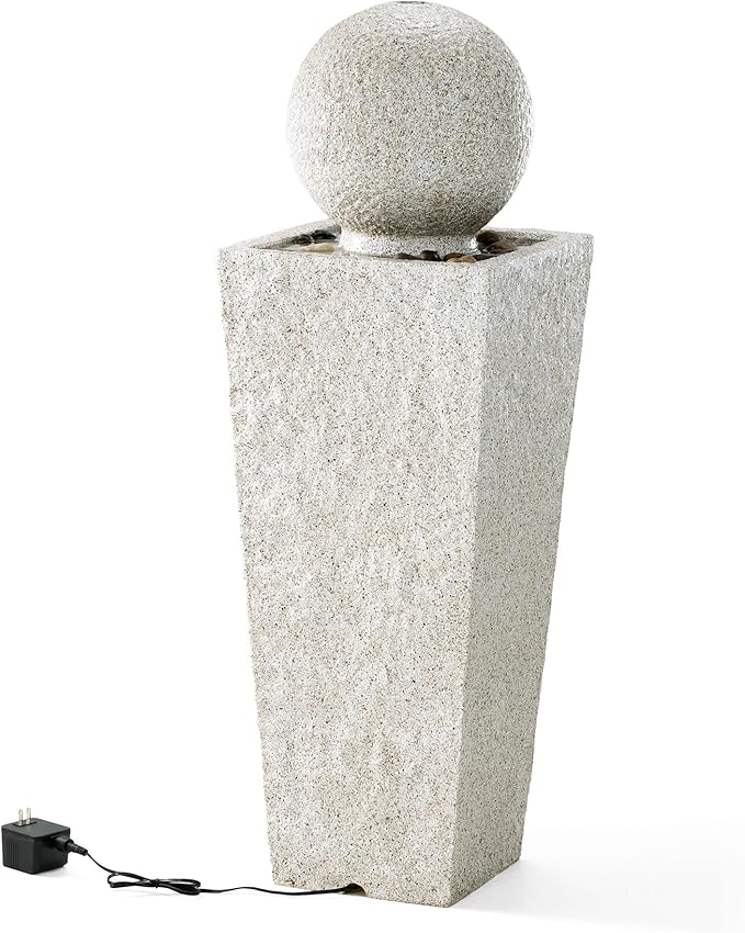 Glitzhome Outdoor Water Fountain, 40.25" H Modern Geometric Pedestal and Sphere Waterfall Fountain, Outdoor Fountain with Pebbles, Pump and LED Light, Garden Fountain for Patio, Backyard, Porch Decor