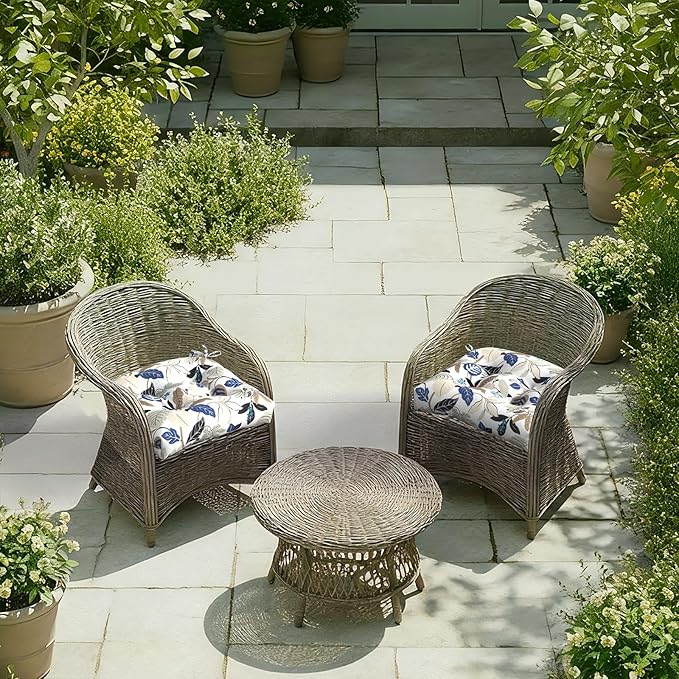 DYTXIII Set of 2 Outdoor Chair Cushions 19"x19"x4", Water Repellent Tufted Patio Seat Cushions with Ties, Thick Replacement Pads for Wicker Dining Chairs, Patio Furniture, Breeze Leaves Beige
