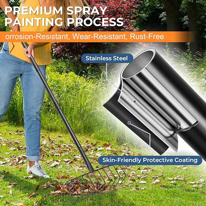 Bow Rake, Heavy Duty 16-Inch Metal Garden Rake with 72-Inch Long Handle & 11 Steel Tines – Durable Landscape Rake for Moving Soil, Gravel, Mulch, Thatch, Leaves, Hay, and Yard Debris