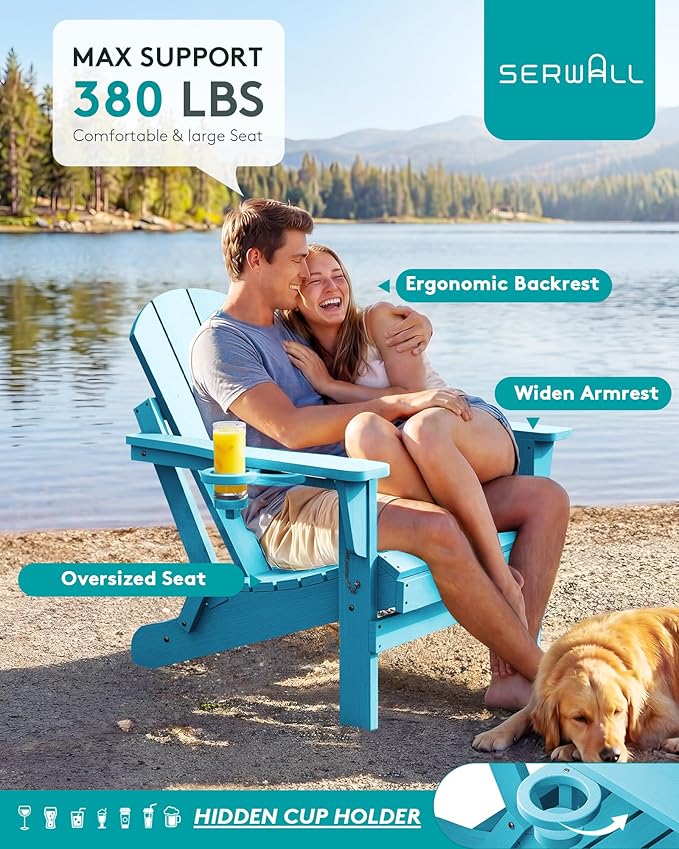 SERWALL Foldable Adirondack Chair Set of 4, Weather Resistant HIPS Patio Chairs with Cup Holder for Patio Garden Outdoors- Aruba Blue