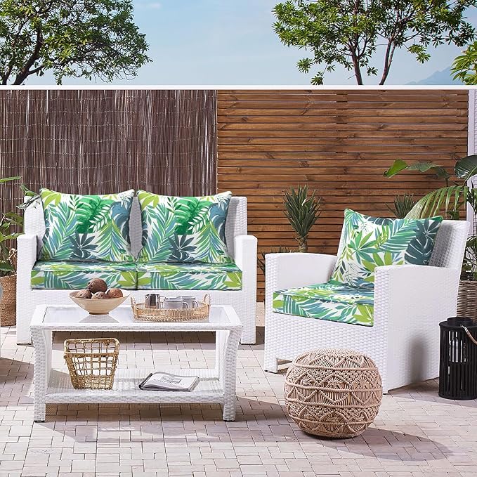 LVTXIII Outdoor Deep Seat Cushion Patio Seat and Back Cushion Set Seasonal Chair Cushion with Removable Cover and Adjustable Buckle for Home and Garden, 24"x24"x4", Islamorada Blue Green