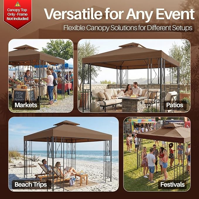 Flexzion Gazebo Cover Replacement Canopy Top 8x8 Ft (2.4m x 2.4m) - Double Tier Top Canopy Cover Replacement with UV30+, Dirt, Water Resistant for Outdoor, Sunshade, Garden, Patio, Pavilion (Brown)
