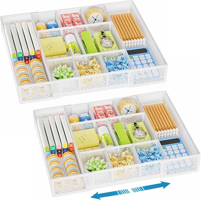 Marbrasse Expandable Desk Drawer Organizer, Mesh Drawer Organizer Tray with 10 Adjustable Compartments, Desk Organizers and Accessories for Office Supplies, Makeup & Vanity (Expandable White-2 pack)