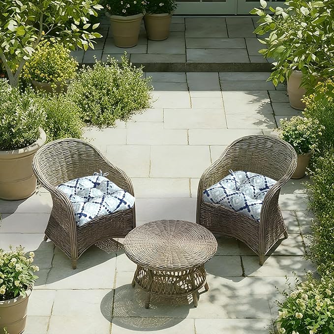 DYTXIII Set of 2 Outdoor Chair Cushions 19"x19"x4", Water Repellent Tufted Patio Seat Cushions with Ties, Thick Replacement Pads for Wicker Dining Chairs, Patio Furniture, Boho Geometry Blue