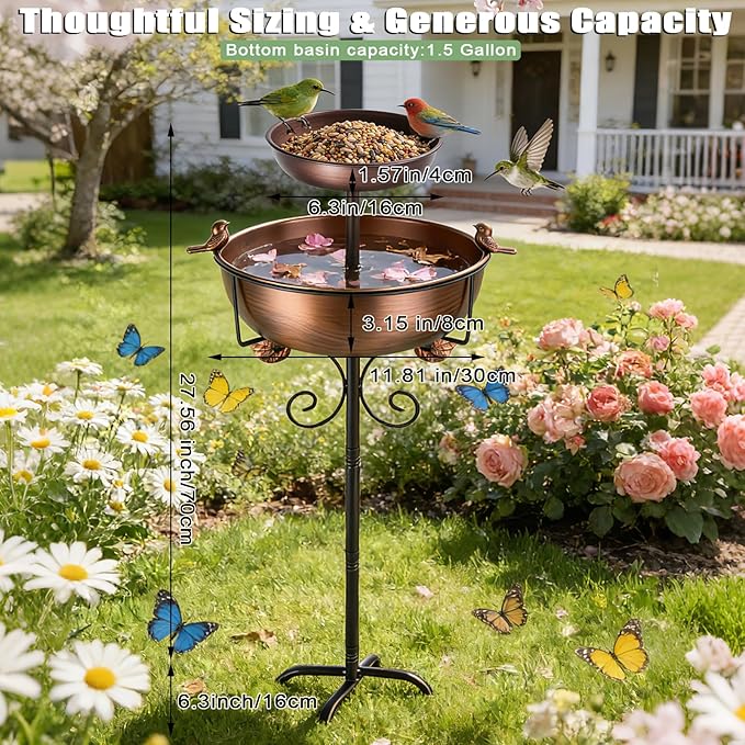 1.5 Gallon Lower Basin, 2 Tier Metal Bird Bath for Outside, 46.65 Inch Vintage Freestanding Bird Bath with Upgraded 5-Pronged Base, 2 in 1 Bird Bathing & Bird Feeding, Garden Patio Yard Lawn Decor