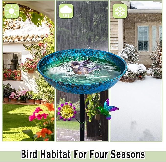 Freestanding Bird Bath with Metal Stake - 11” Metallic Blue & Green Metal Birdbath Bowl & Feeder Outdoor Garden Yard Decor