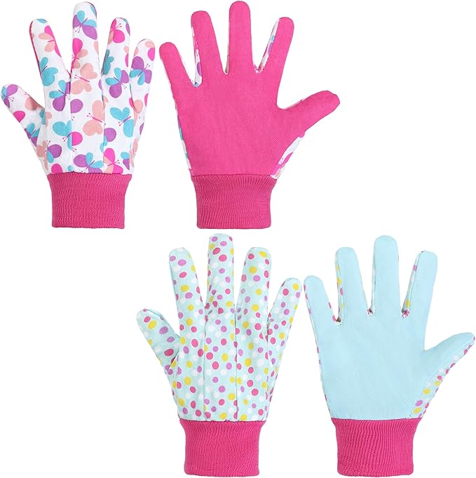 HANDLANDY 2 Pairs Kids Gardening Gloves, Girls Boys Children Garden Work Play Gloves (Pink Butterfly & Dot, Small)