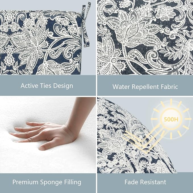 LVTXIII Outdoor Chair Cushions 18.5"x16"x2" Pack of 2, Water-Repellent Square Corner Memory Foam Seat Cushions with Ties for Garden Patio Furniture, Damask Lapis