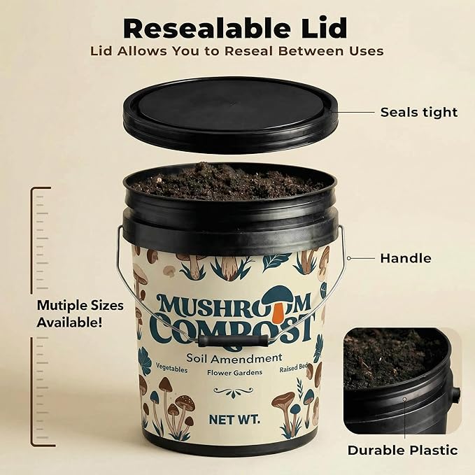 Mushroom Soil Compost 12 lb Pail, Organic Nutrient-Rich Garden Soil Amendment for Vegetables, Flowers, Raised Beds, Lawn Care, Container Gardening and Planting Mix