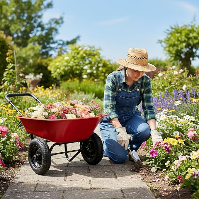 ERGOMASTER Dual-Wheel Wheelbarrow, Home Utility Garden Cart, Large Heavy Duty Yard Cart for Gardening (Red)
