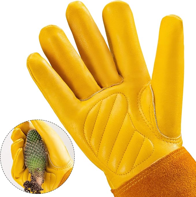 Thorn Proof Gardening Gloves for Men & Women, Long Cowhide Leather Rose Pruning Gloves with Forearm Protection, Puncture Resistant Gauntlets for Cacti, Blackberries & Yard Work(Butter Yellow,XS)