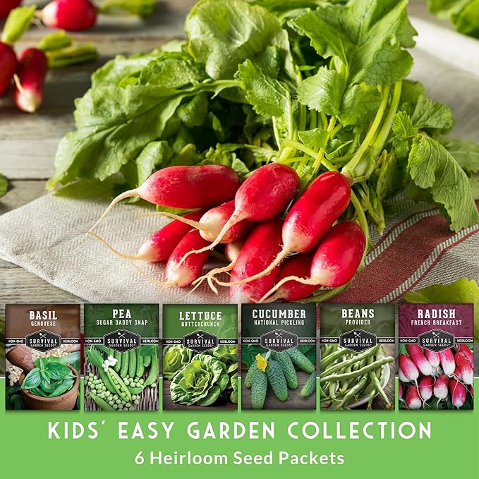 Survival Garden Seeds Kids' Easy Garden Collection - Cucumber, Radish, Beans, Peas, Lettuce, Basil Non-GMO Open Pollinated Seeds for Growing on the Homestead or in the Vegetable Garden