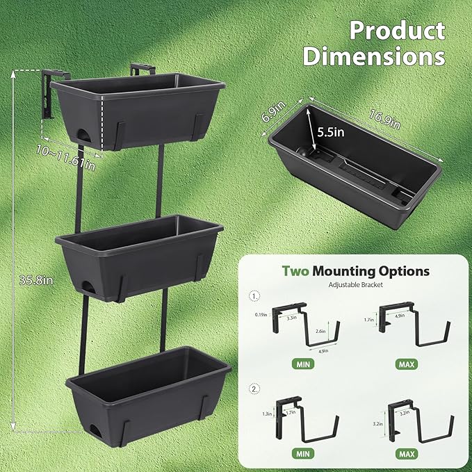 OYEAL Railing Planter Box 3-Tier Vertical Hanging Planters Outdoor with Adjustable Brackets & Drainage Tray Window Boxes Planters for Indoor Outdoor Garden, Patio, Home, Balcony Decor Gray