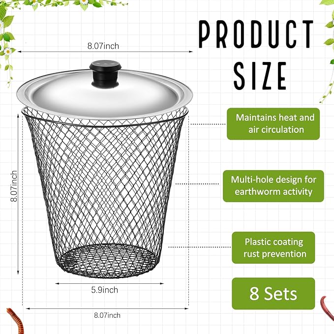 MorningRo 8 Pcs Inground Worm Composter with Lids 8.1 x 8.1 x 5.9 Inch Farm Worm Compost Bin Outdoor for Recycling Kitchen Food Waste to Raised Garden Beds