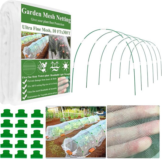 Garden Mesh Netting Kit,10 x 30FT Ultra Fine Netting with 6 Sets Fiberglass Garden Hoops for Raised Beds Vegetable Plants Fruits Greenhouse Row Cover Birds Animals Barrier Protection Net