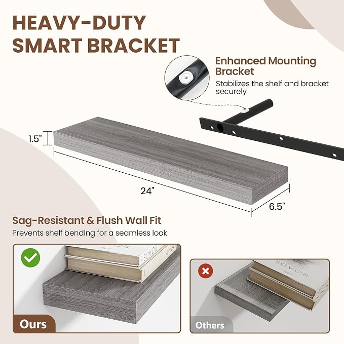 Acovy 24 Inch Floating Shelves for Wall 2 Pack, 24" Wall Shelves for Books, Storage, Decor, Wall Mounted Floating Shelf with Invisible Brackets for Kitchen, Living Room, Gray