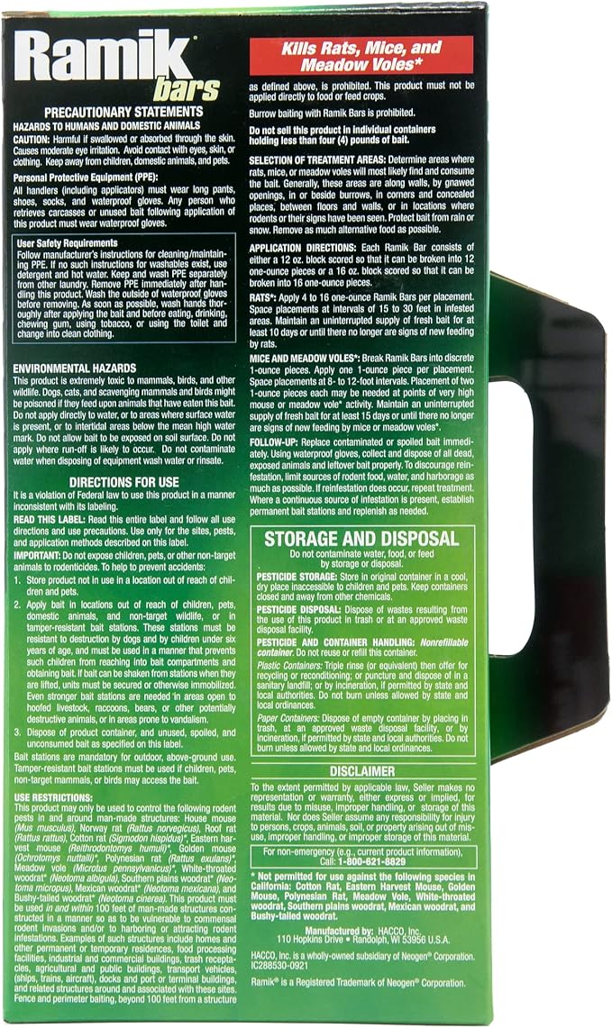 Ramik Bars All-Weather Rodenticide Mold & Moisture Resistant Bait for Control of Rats, Mice, and Meadow Voles, 4 lbs (Pack of 4)