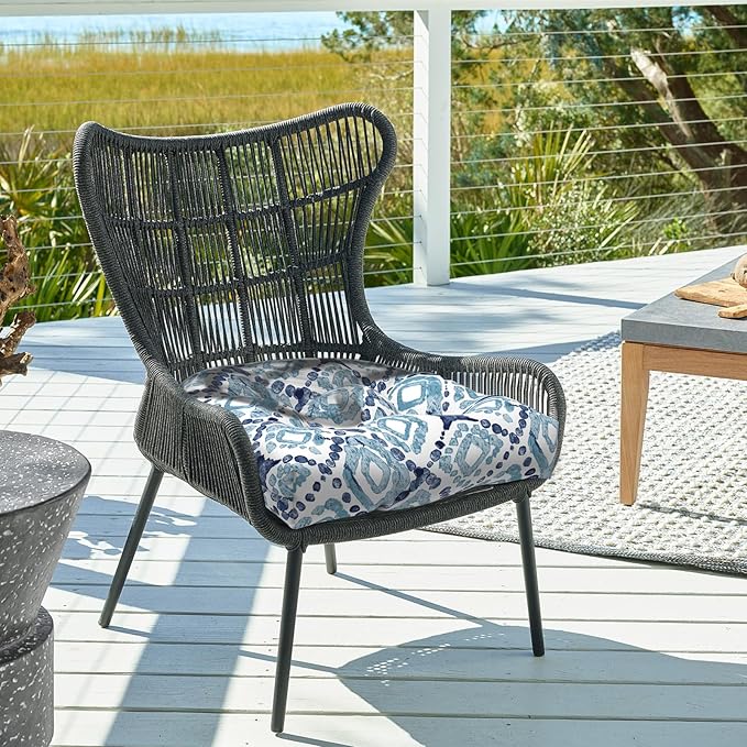 DYTXIII Set of 2 Outdoor Chair Cushions 19"x19"x4", Water Repellent Tufted Patio Seat Cushions with Ties, Thick Replacement Pads for Wicker Dining Chairs, Patio Furniture, Boho Geometry Blue