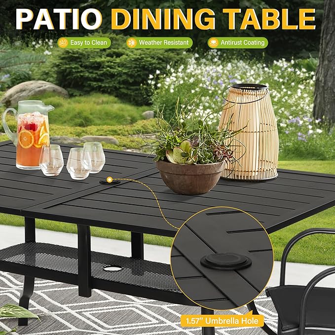 Oakcloud 60"x37" Patio Dining Table, Outdoor Metal Rectangular Table Patio Furniture Classic Black Table with 1.57" Umbrella Hole, for Garden Backyard Poolside Deck