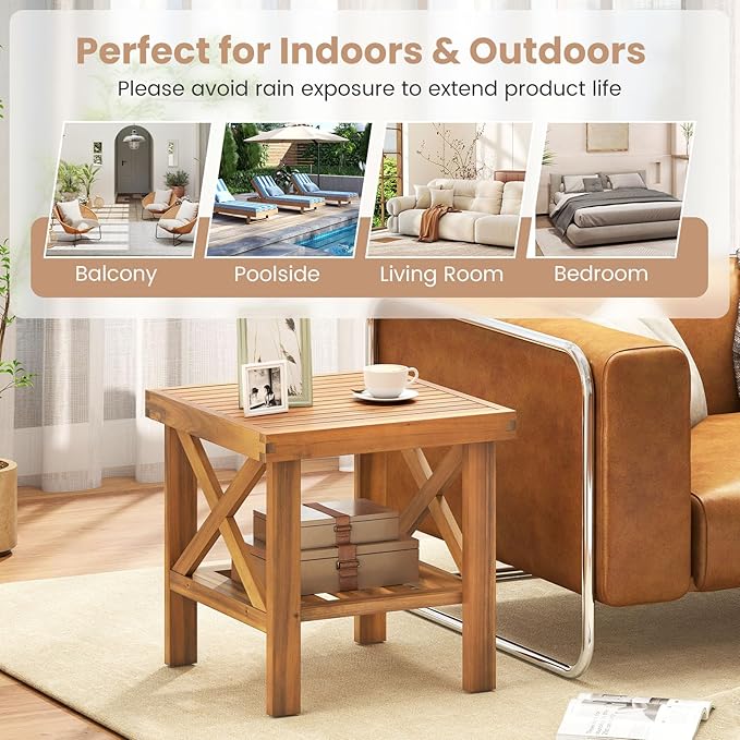 Tangkula Outdoor Side Table, 2-Tier Acacia Wood Adirondack Bistro Table with Slatted Tabletop & Storage Shelf, Small Square Patio Table for Yard, Deck, Garden, Poolside (1)