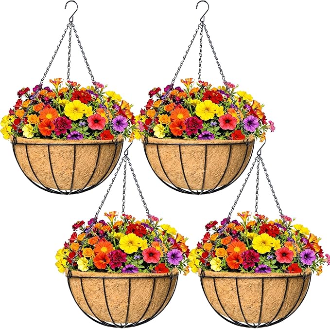 4 Pack 12" Round Metal Hanging Basket for Outdoor Plants Durable Large Hanging Planter with Coco Coir Round Plant Holders Planter for Outside Garden Decoration (Watermelon)