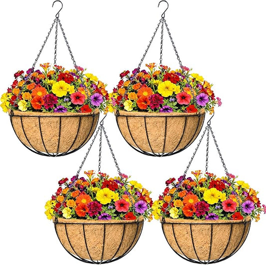 4 Pack 12" Round Metal Hanging Basket for Outdoor Plants Durable Large Hanging Planter with Coco Coir Round Plant Holders Planter for Outside Garden Decoration (Watermelon)