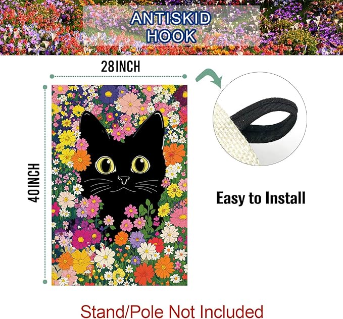 Baccessor Spring Summer Cat House Flag Double Sided 28 x 40 Inch Funny Black Cat Flower Floral Welcome large Flag Burlap Seasonal Yard Outdoor Outside Decoration (Large)