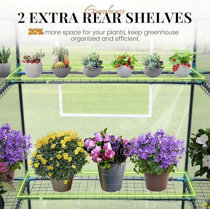 KING BIRD Premium Greenhouse for Outdoors, 56x56x77 Upgraded PVC Cover & Heavy Duty Steel Frame Walk-in Portable Green House for Outside Garden, Screen Windows & Mesh Door, 3 Tiers 10 Shelves, Clear
