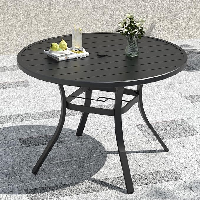 Anmutig 4 Person 41" Patio Round Table with Adjustable Umbrella Hole for Outdoor 3.4ft Black All Weather Metal Dining Table