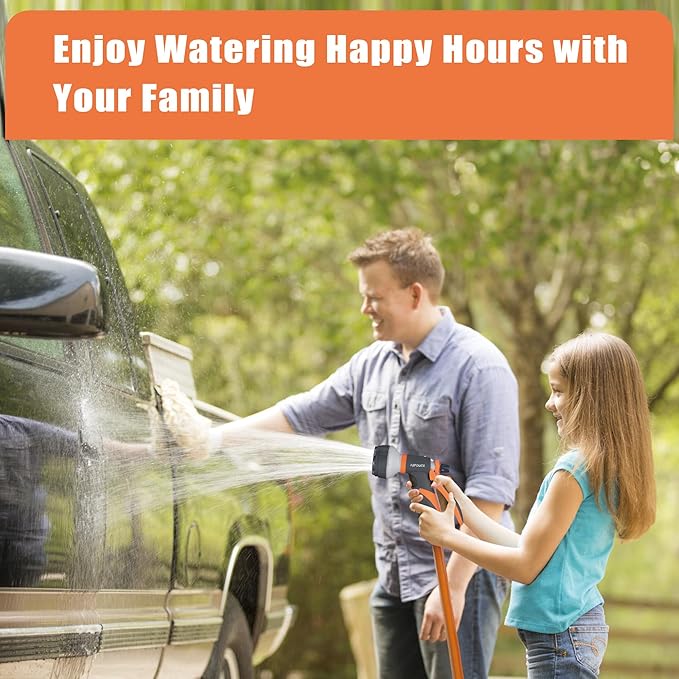 Garden Hose Nozzle Sprayer– this high heavy-duty spray nozzle offer 8 watering patterns for watering plants, lawns & gardens, washing cars, household (Grey Orange)