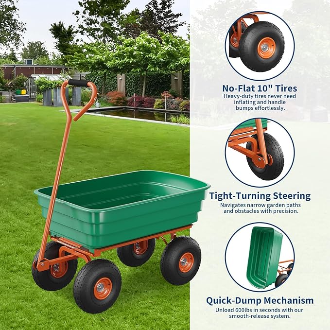 Garden Dump Cart, 1200 Lb Capacity Heavy Duty Utility Cart, Wheelbarrow with 180° Pivot Handle for Yard, Lawn & Gardening(Green+Orange)