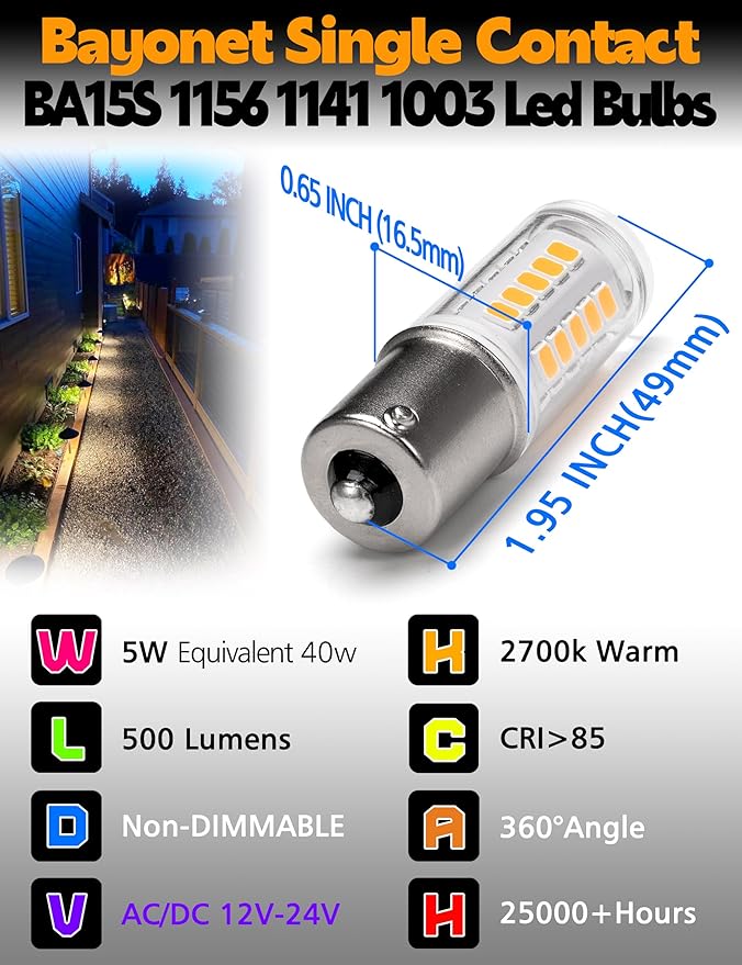 BA15S 1156 1141 1003 S8 SC Led Bulb, 5Watt 500LM Low Voltage Landscape Light Bulbs, 12-24V Warm White 2700K Bayonet Single Contact Bulb for RV Path Deck Camper Marine Boat Trailer Lights, 4Pack