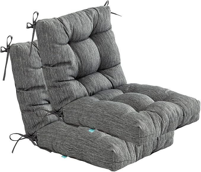 QILLOWAY Outdoor Chair Cushion for Patio Furniture, Waterproof Patio Cushions Set of 2 with Ties, Fade Resistant Replacement Pads for Outdoor Rocking Chairs,Charcoal Grey,Black