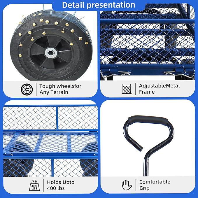 Heavy Duty 480 Lbs Capacity Mesh Steel Garden Cart Folding Utility Wagon with Removable Sides, Solid Wheels Tools Cart Wagon Cart, Easier to Transport Firewood (Blue)