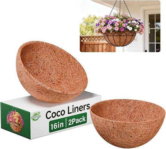 Halatool 2 Pack 16 Inch Hanging Basket Liners Round Coconut Liners for Planters 100% Natural Coco Coir Liner for Flowers Vegetables Herbs