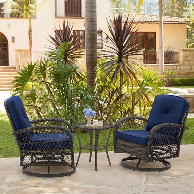 MELLCOM 3 Pieces Patio Furniture Set, Outdoor Swivel Rocker Patio Chairs, Wicker Patio Bistro Set with Rocking Chair, Thickened Cushions and Glass Coffee Table for Backyard, Garden, Navy Blue
