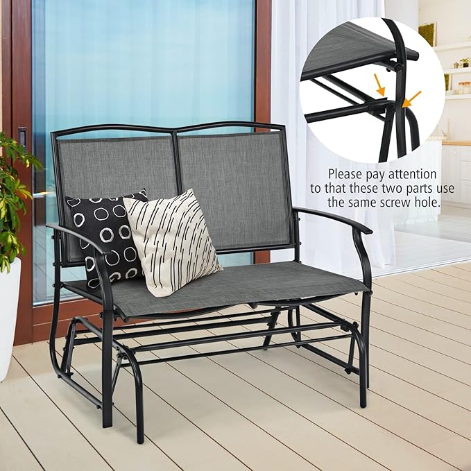 Tangkula 2-Person Patio Glider Bench, Outdoor Rocker Glider Loveseat Chair W/Heavy-Duty Steel Frame, Breathable Seat Fabric, Rocking Lounge Chair for Poolside, Garden, Backyard (Grey)