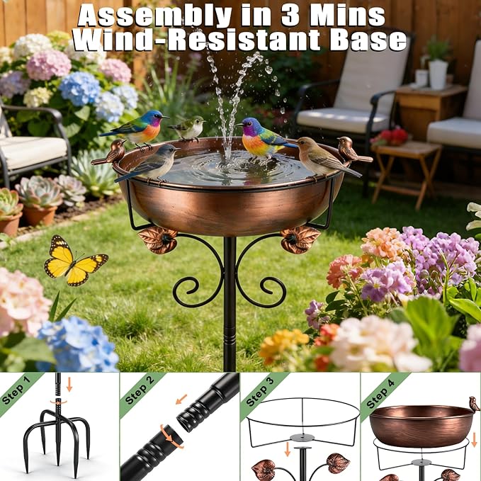 1.5 Gallon Metal Bird Bath for Outside, 38.18 Inch Vintage Freestanding Bird Bath with Upgraded 5 Pronged Base & Sturdy Metal Stake, Dual-Use Birdbath & Birdfeeder for Garden Patio Yard Lawn Decor