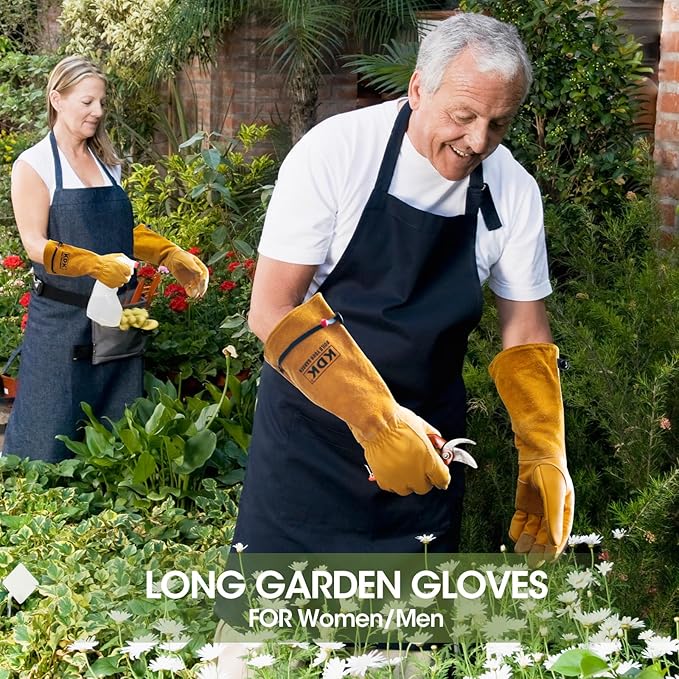 KDK Long Cowhide Gardening Gloves for Women Men, Thorn Proof Garden Gloves for Rose Pruning, Cactus Heavy Duty Gauntlet